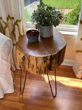 Load image into Gallery viewer, Reclaimed Solid Cypress Coffee Table with Hairpin Legs 20’’ diameter