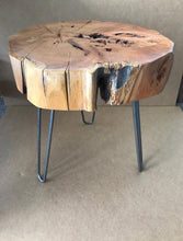 Load image into Gallery viewer, Reclaimed Solid Cypress Coffee Table with Hairpin Legs 20’’ diameter